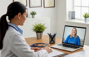 Médica realizando consulta online